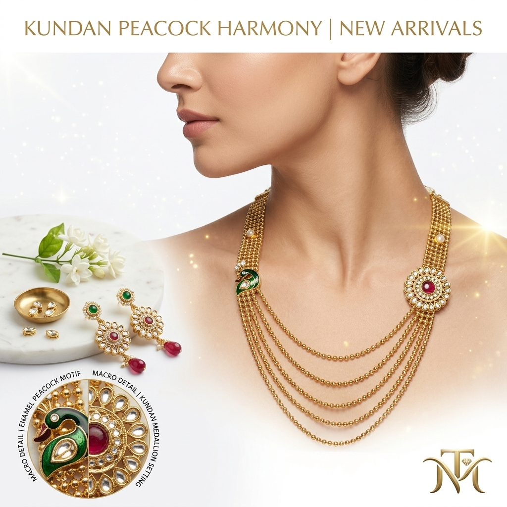 Kundan Peacock Harmony 4-Strand Gold Bead Necklace and Earring Set