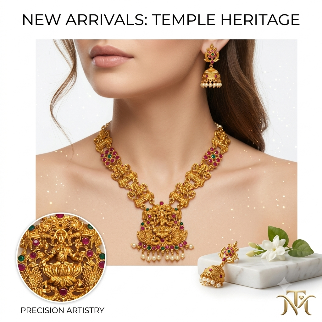 Temple Heritage Lakshmi Necklace and Lotus Jhumka Earring Set