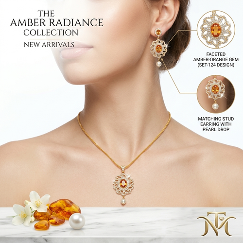Amber Radiance Pendant Necklace & Earring Set - detail