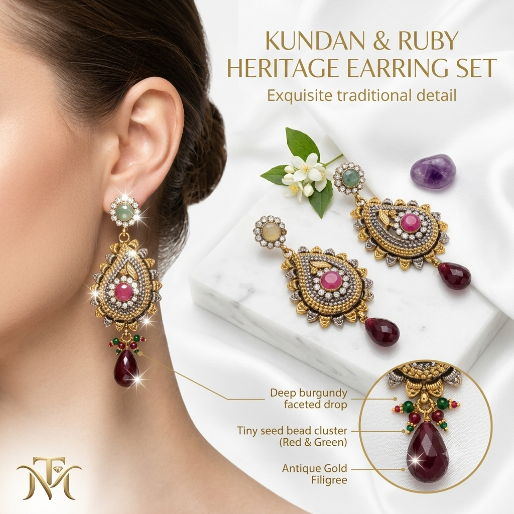 Kundan Collection Ruby and Emerald Drop Earrings