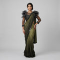 Olive Satin Saree with Black Organza Ruffle Blouse front view