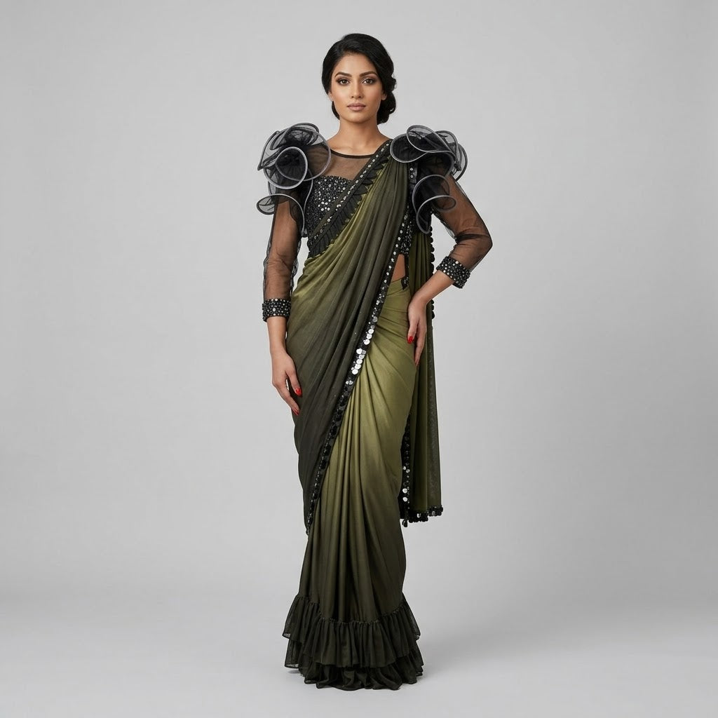 Olive Satin Saree with Black Organza Ruffle Blouse front view