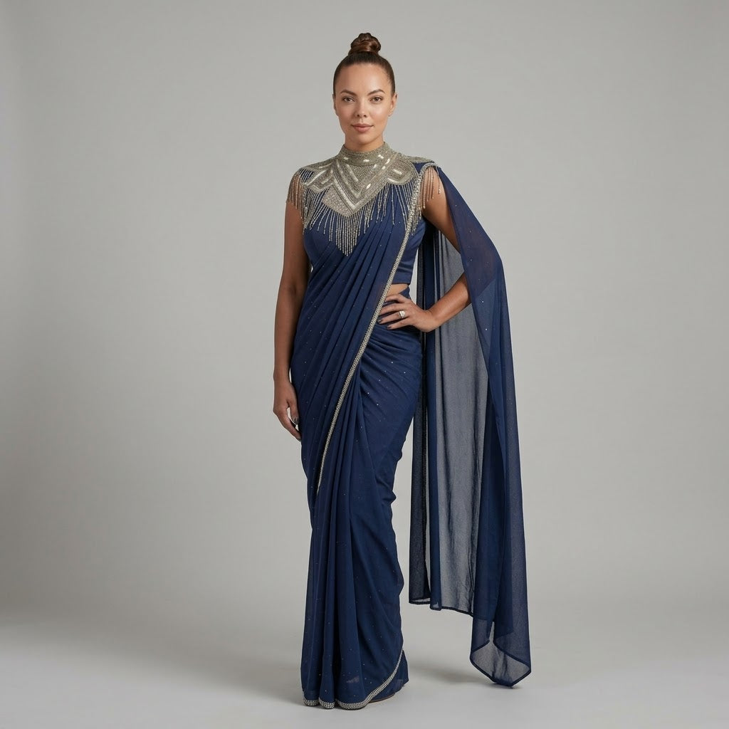 Midnight Blue Embellished Saree with Cape front view