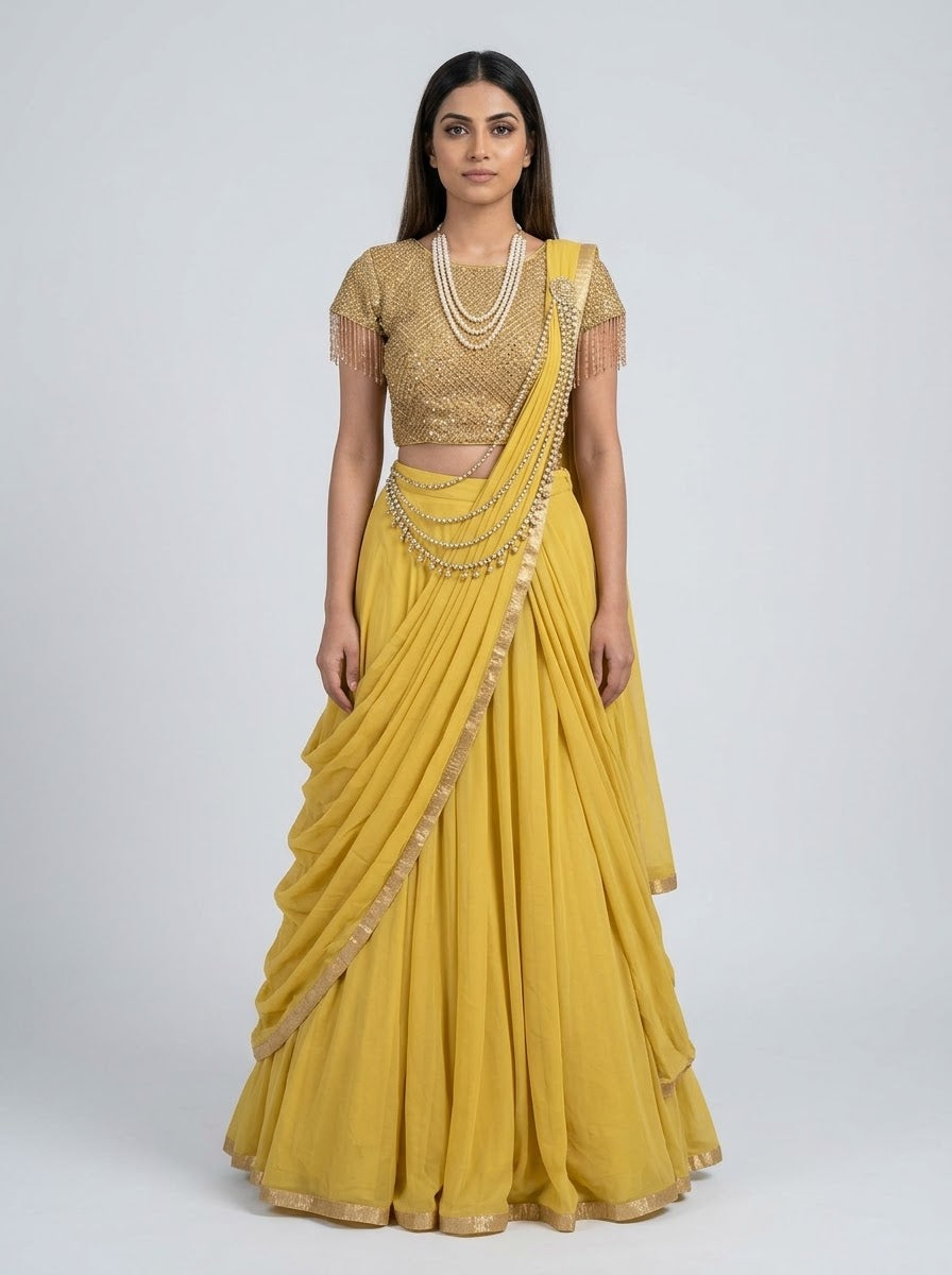 Mustard Yellow Embellished Lehenga Saree with gold sequin blouse and pearl drape