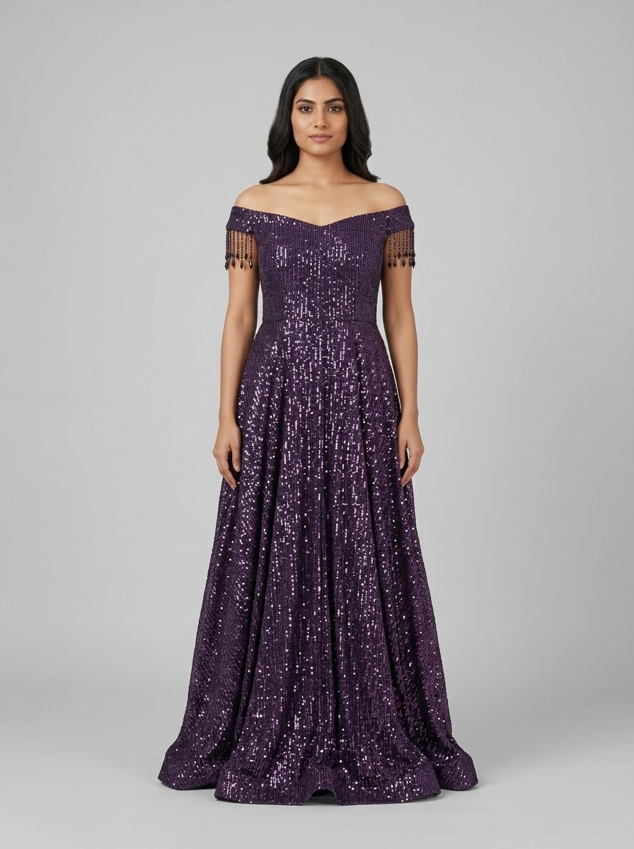 Silver Grey Embroidered Saree Gown front view