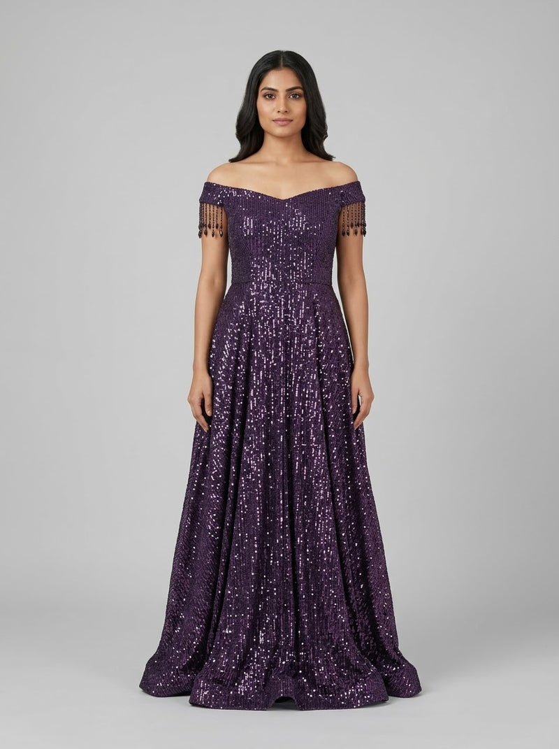 Silver Grey Embroidered Saree Gown front view