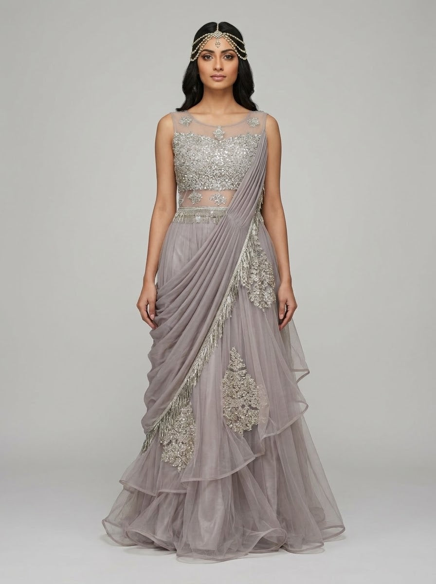 Amethyst Sequin Off-Shoulder Gown front view