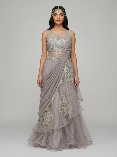 Amethyst Sequin Off-Shoulder Gown front view