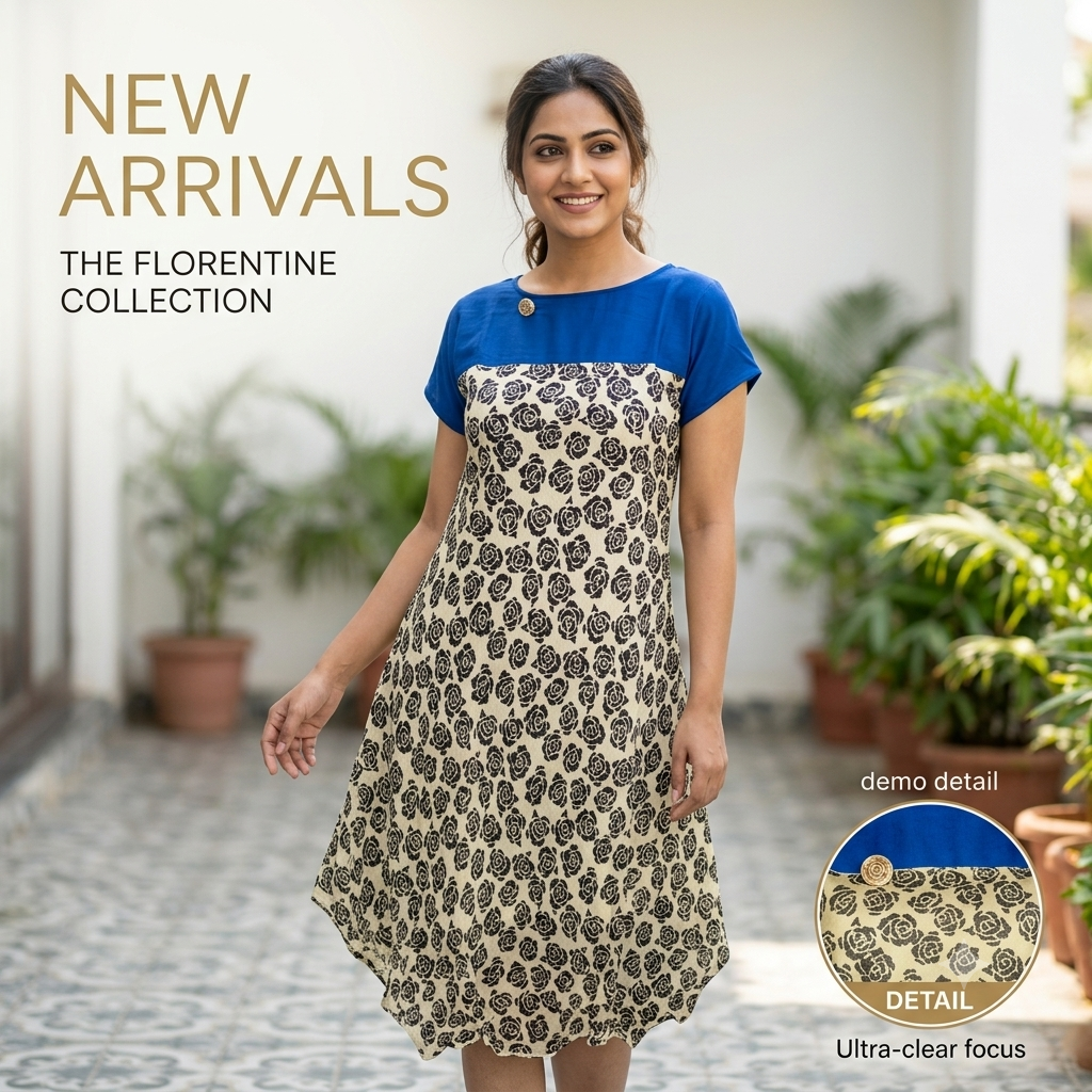 Navy and Cream Leaf Print Georgette Fusion Dress
