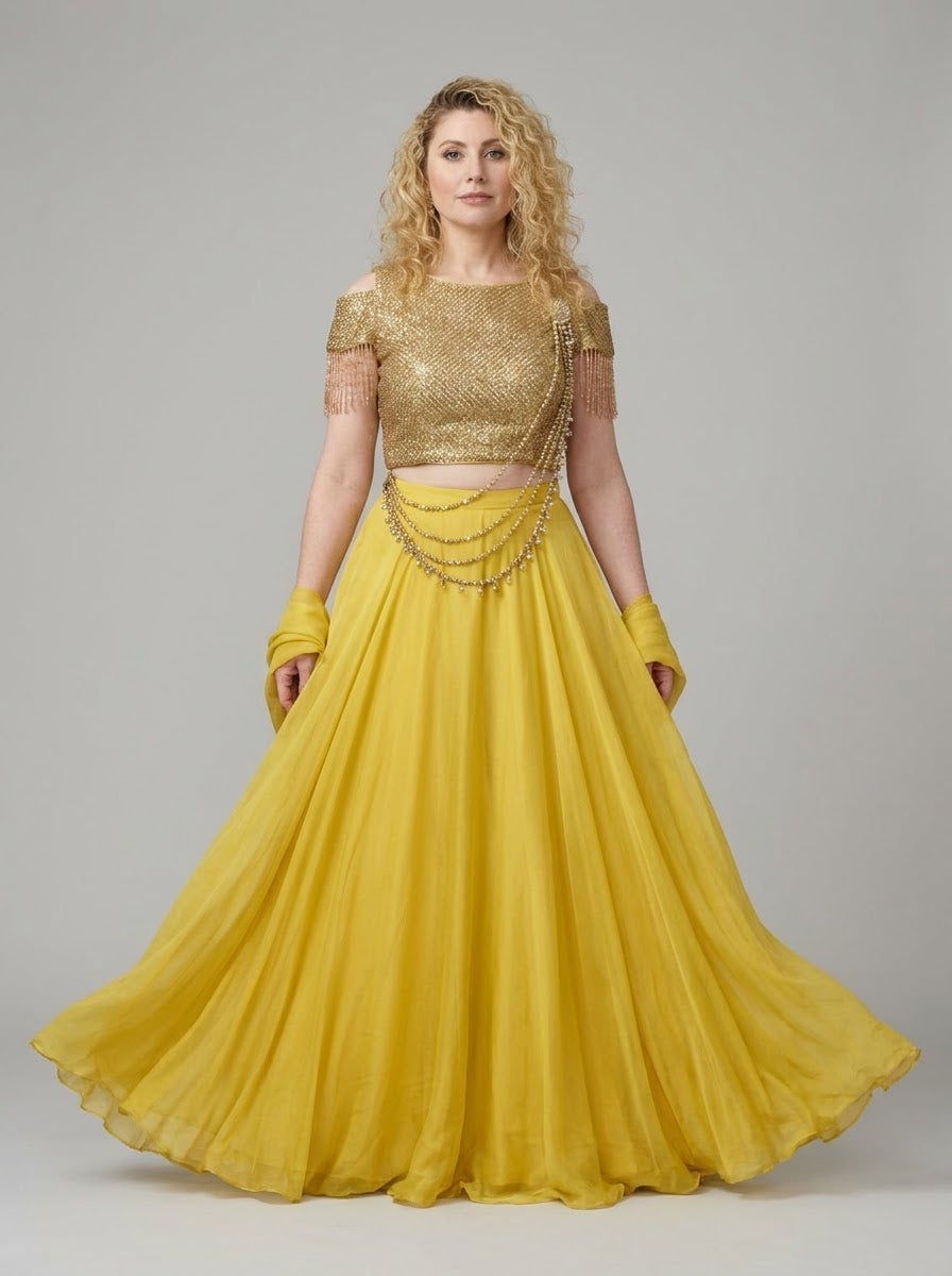 Mustard Yellow Embellished Lehenga Saree