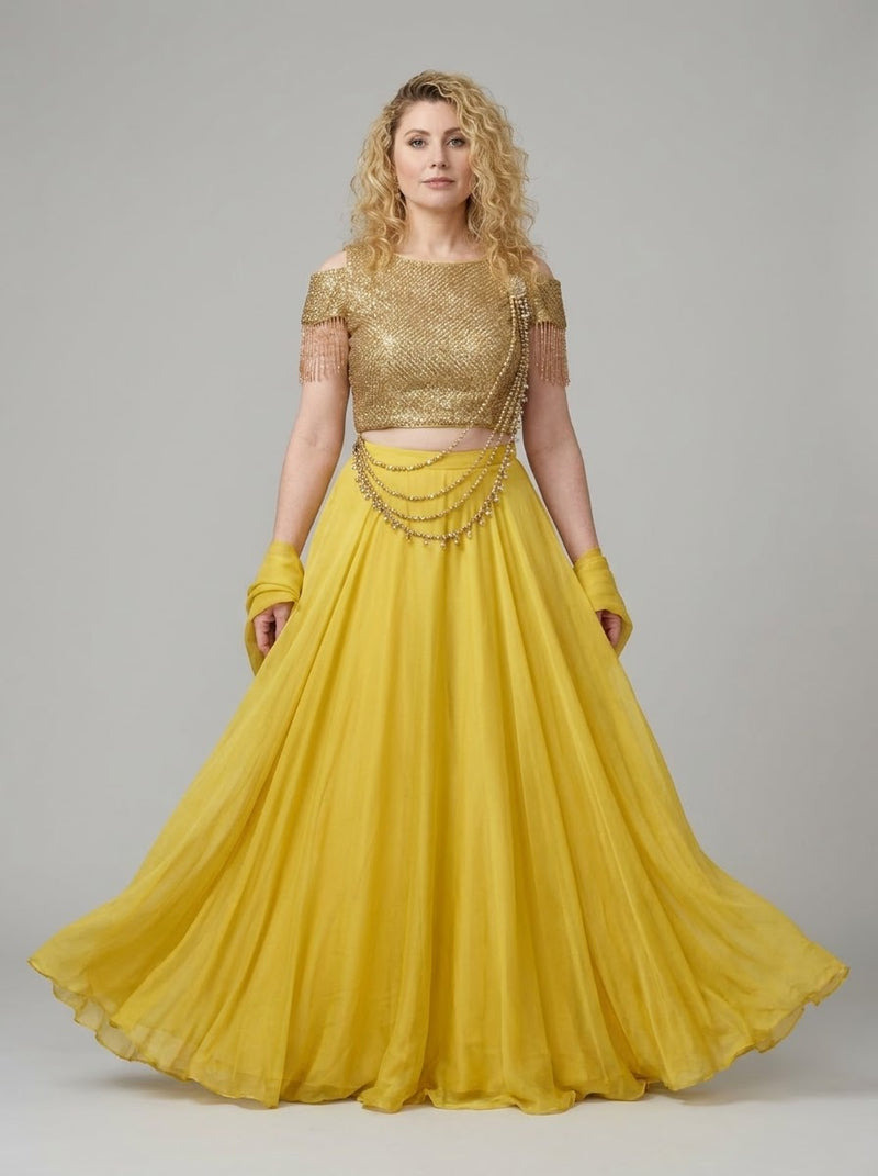 Mustard Yellow Embellished Lehenga Saree