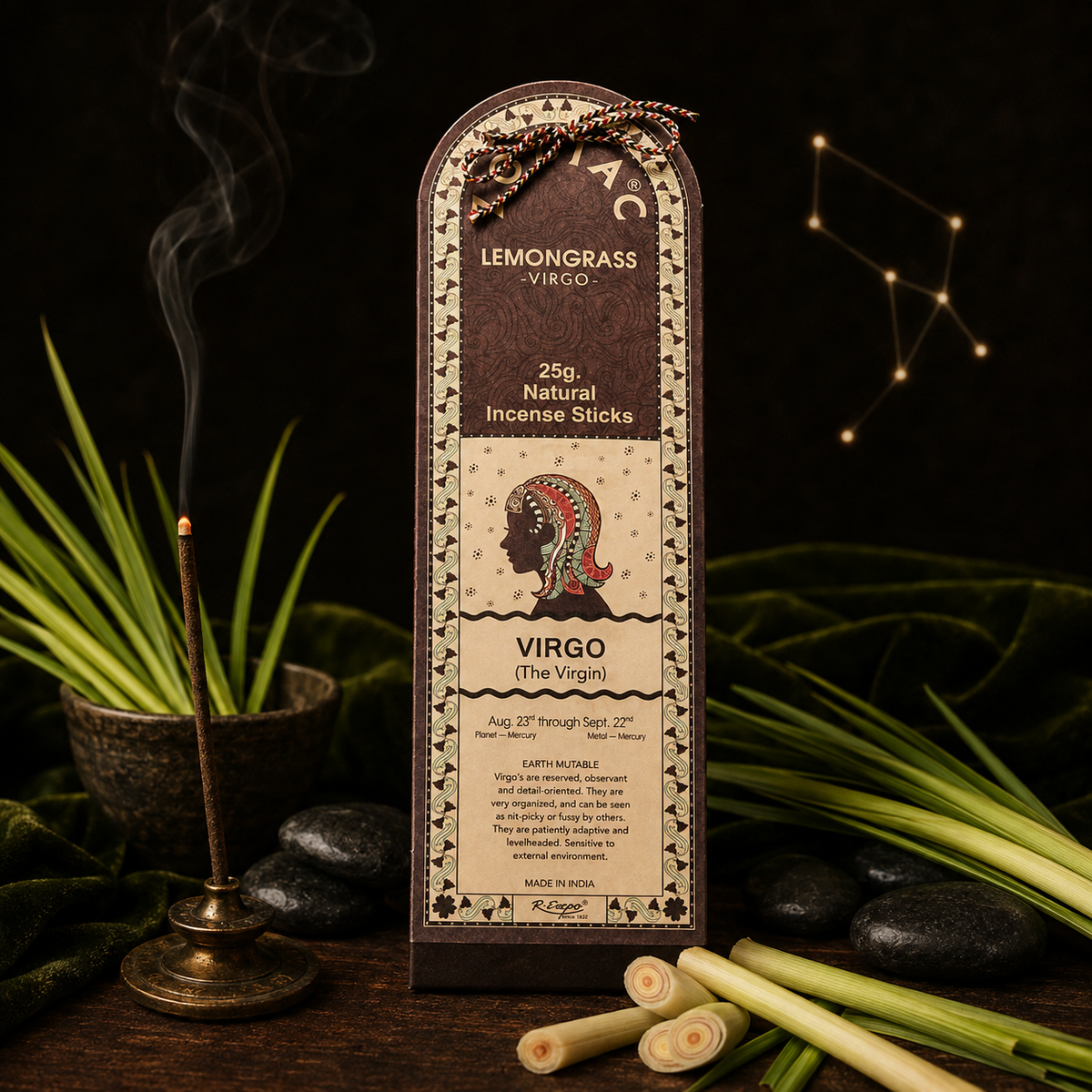 Virgo Lemongrass Zodiac Incense Sticks – 25g, 25 Sticks