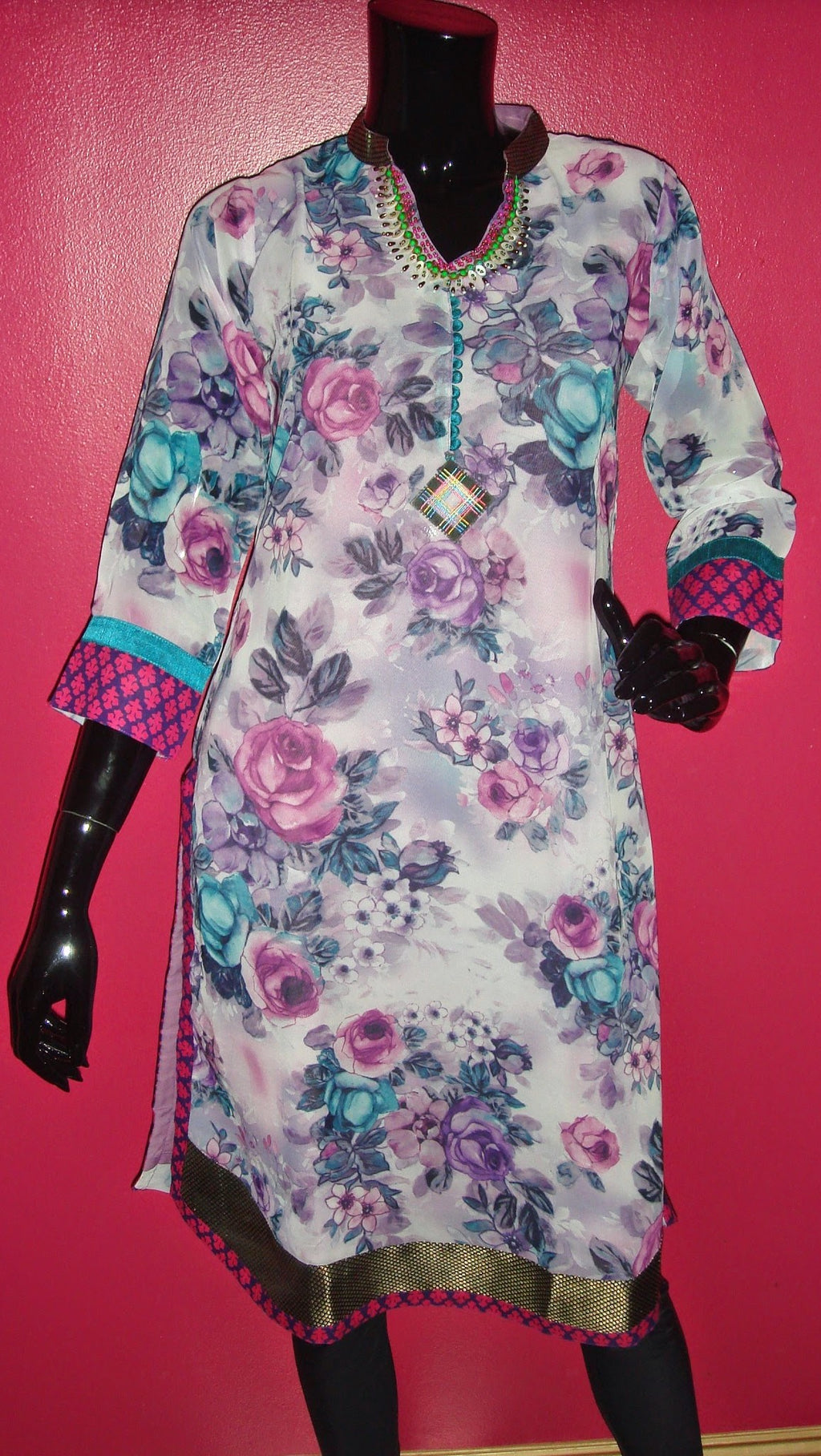 Purple Floral Print Georgette Kurti with Three-Quarter Sleeves