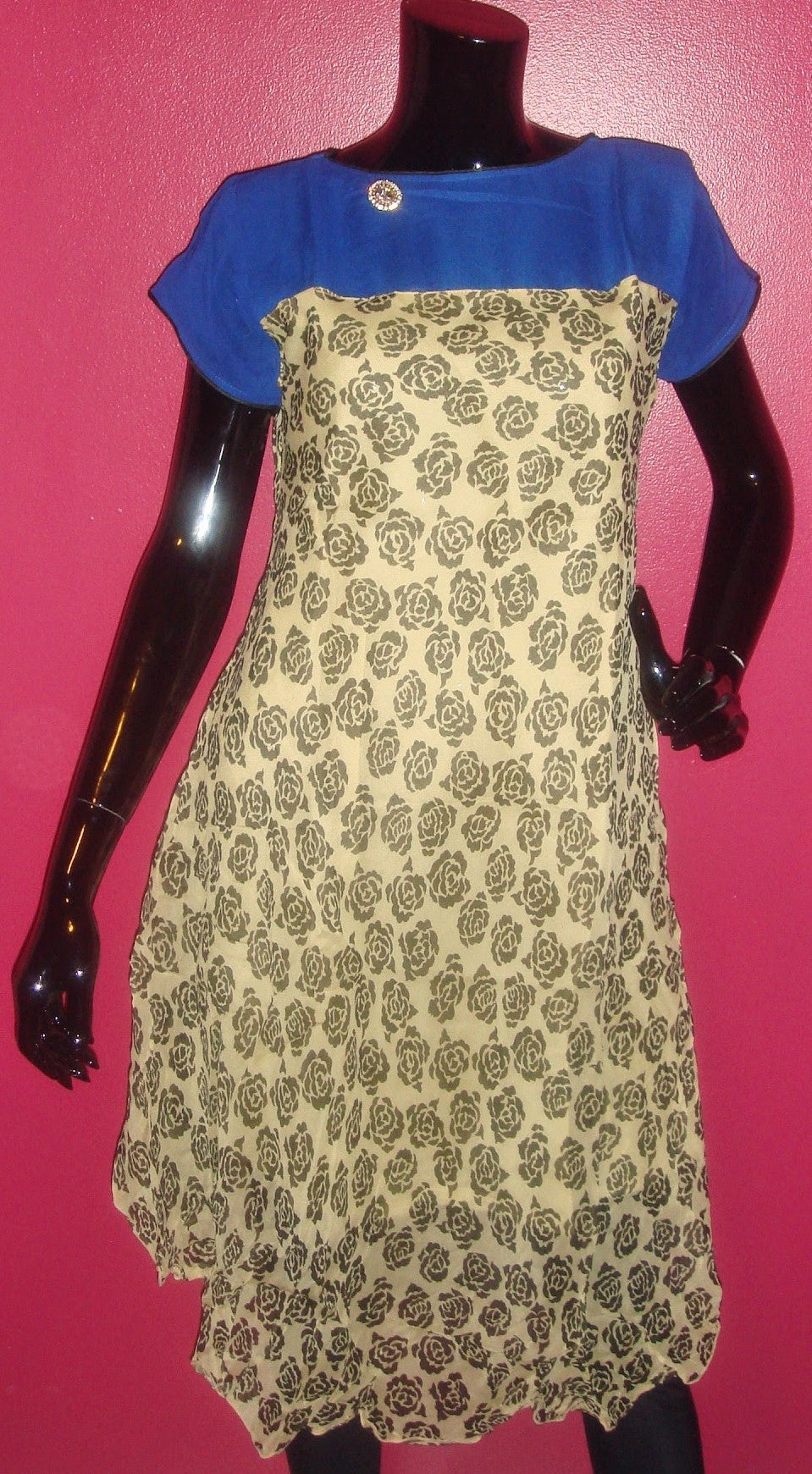 Navy and Cream Leaf Print Georgette Fusion Dress
