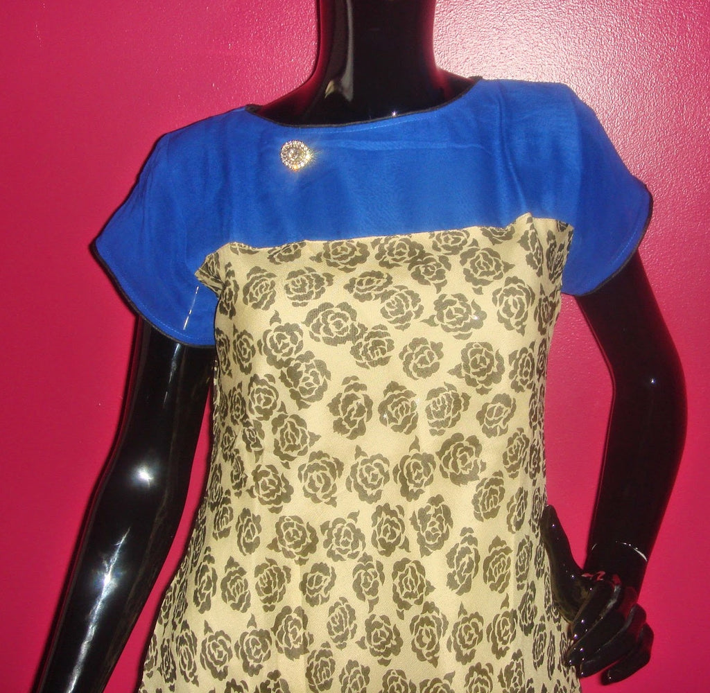 Navy and Cream Leaf Print Georgette Fusion Dress