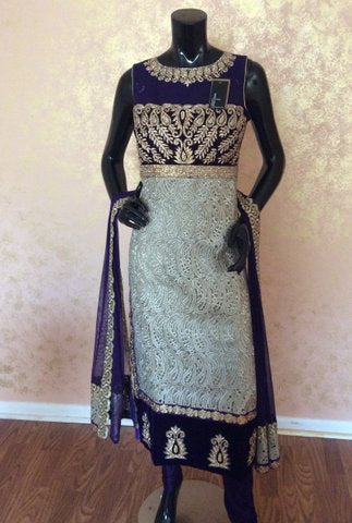 Cream and Gold Net Anarkali Churidar Suit with Lace and Embroidery