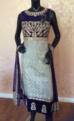 Cream and Gold Net Anarkali Churidar Suit with Lace and Embroidery