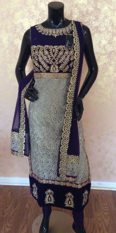 Cream and Gold Net Anarkali Churidar Suit with Lace and Embroidery