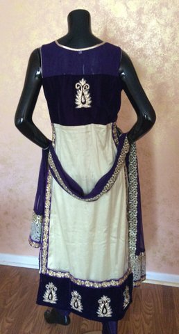 Cream and Gold Net Anarkali Churidar Suit with Lace and Embroidery