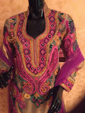 Embroidered Net Churidar Suit with Cut Dana Work