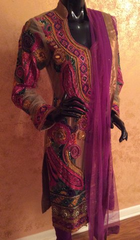 Embroidered Net Churidar Suit with Cut Dana Work