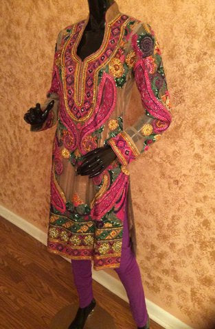 Embroidered Net Churidar Suit with Cut Dana Work