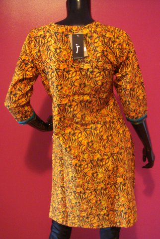 Magenta Cotton Kurti with Teal Embroidered Neckline