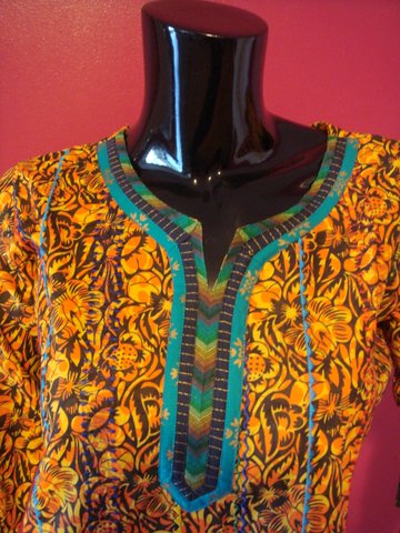 Magenta Cotton Kurti with Teal Embroidered Neckline