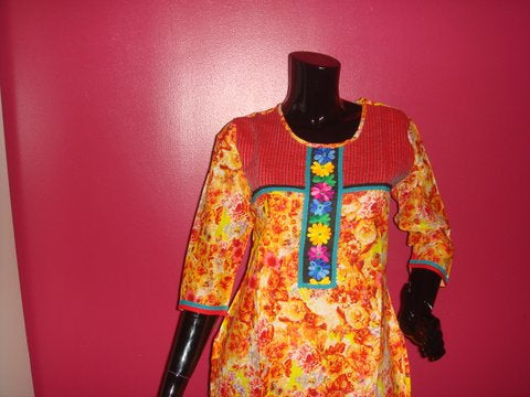 Yellow and Orange Floral Print Cotton Kurti with Embroidered Placket