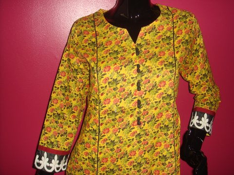 Mauve Printed Cotton Kurti with White Lace Trim
