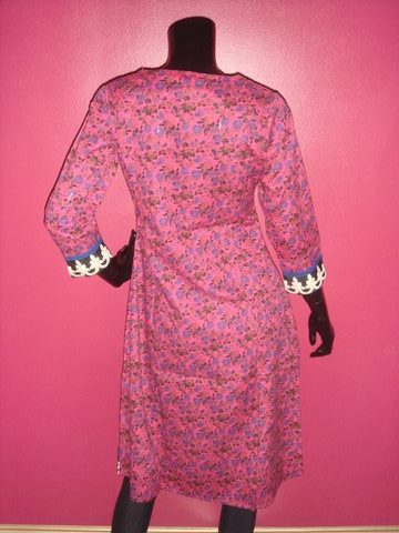 Mauve Printed Cotton Kurti with White Lace Trim