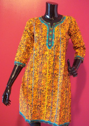 Magenta Cotton Kurti with Teal Embroidered Neckline
