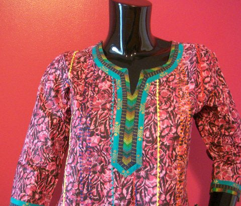 Magenta Cotton Kurti with Teal Embroidered Neckline