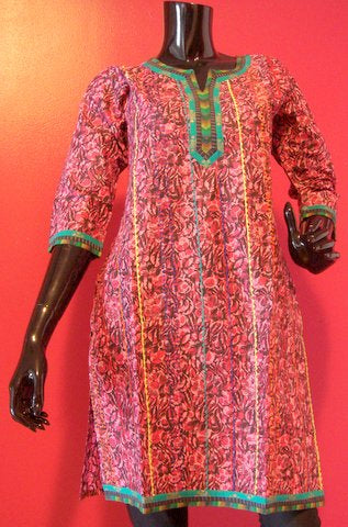 Magenta Cotton Kurti with Teal Embroidered Neckline