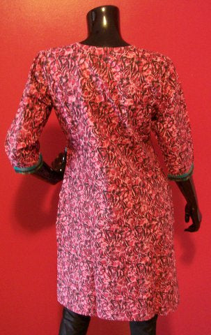 Magenta Cotton Kurti with Teal Embroidered Neckline