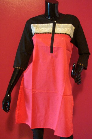 Blue Cotton Kurti with Black Color-Block Yoke