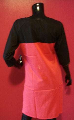 Blue Cotton Kurti with Black Color-Block Yoke