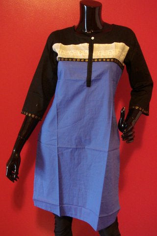 Blue Cotton Kurti with Black Color-Block Yoke