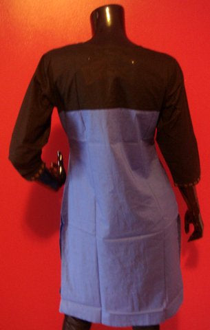 Blue Cotton Kurti with Black Color-Block Yoke