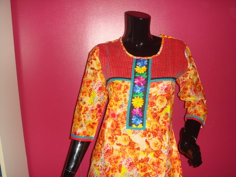 Yellow and Orange Floral Print Cotton Kurti with Embroidered Placket