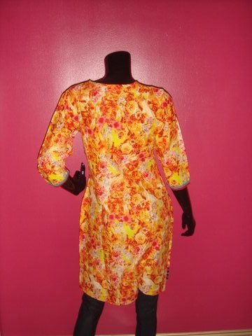 Yellow and Orange Floral Print Cotton Kurti with Embroidered Placket