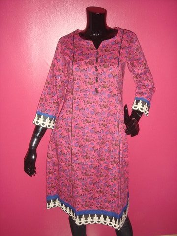 Mauve Printed Cotton Kurti with White Lace Trim