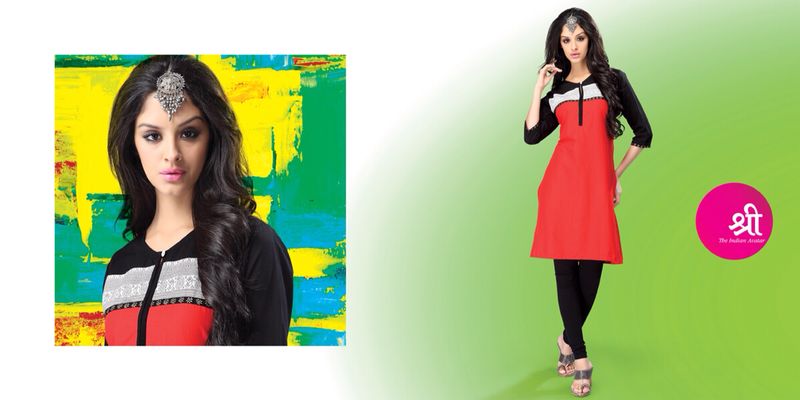 Blue Cotton Kurti with Black Color-Block Yoke