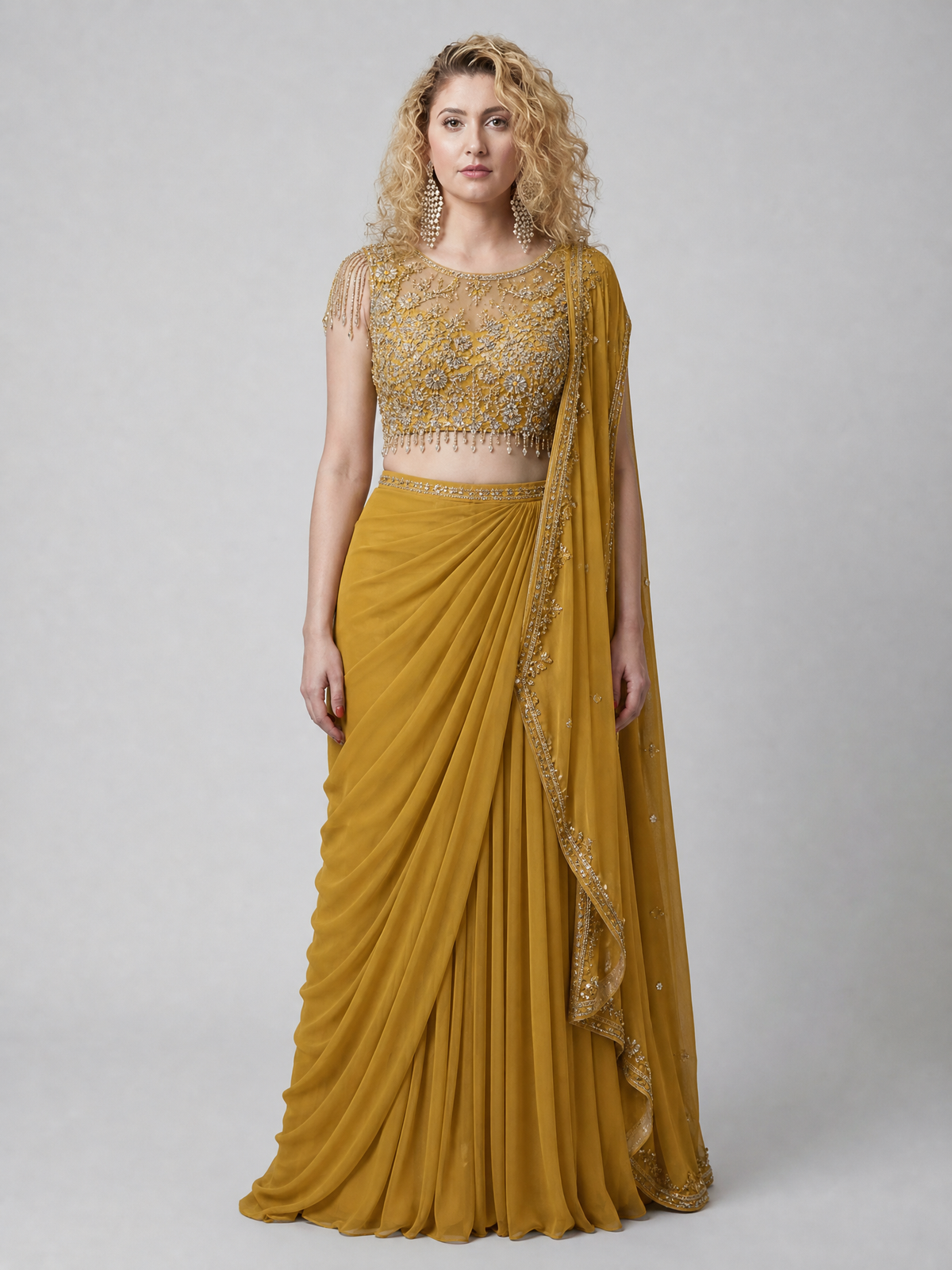 Citrine Draped Lehenga with Embellished Blouse