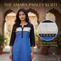 Blue Cotton Kurti with Black Color-Block Yoke