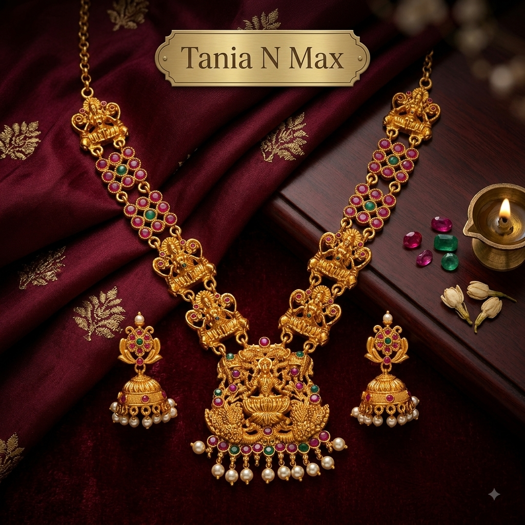 Temple Heritage Lakshmi Necklace & Lotus Jhumka Set