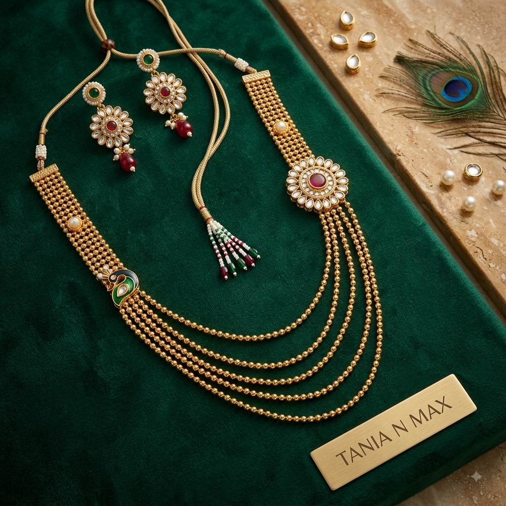 Kundan Peacock Harmony 4-Strand Gold Bead Necklace & Earring Set