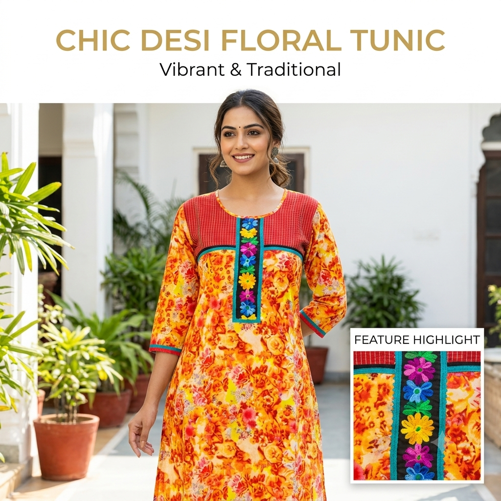 Yellow and Orange Floral Print Cotton Kurti with Embroidered Placket